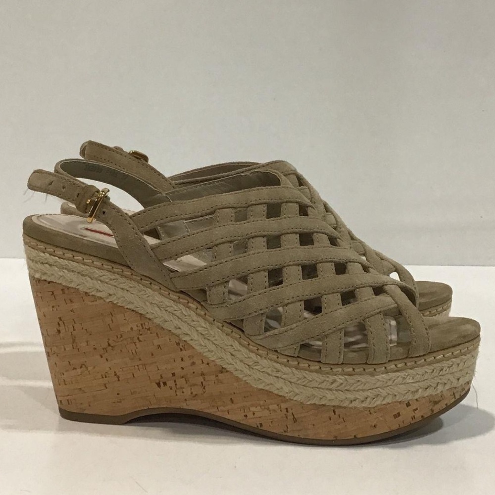 Women’s Prada Tan Suede Strappy Cork Wedge Sandals Size 37